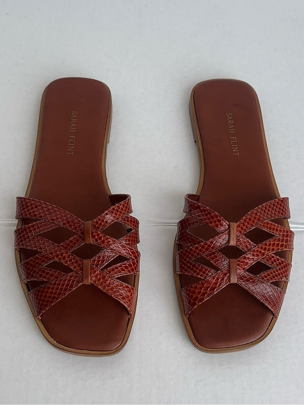 Sarah Flint Leather Flats Brown Animal Print Square Toe Strappy 38.5 8.5